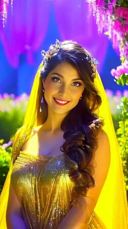 (a beautiful woman in a stunning gown of flowing silk with a radiant smile and captivating eyes),vibrant colors,highres,ultra-detailed,sharp focus,soft lighting,realistic,fantasy-inspired,portraits,subtle color palette,ethereal glow,fairytale,graceful,pastel shades,enchanted garden,lovely flowers,twinkling lights,whimsical ambiance