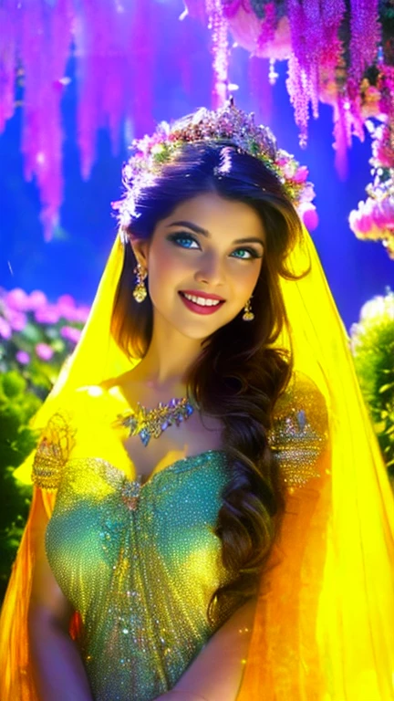 (a beautiful woman in a stunning gown of flowing silk with a radiant smile and captivating eyes),vibrant colors,highres,ultra-detailed,sharp focus,soft lighting,realistic,fantasy-inspired,portraits,subtle color palette,ethereal glow,fairytale,graceful,pastel shades,enchanted garden,lovely flowers,twinkling lights,whimsical ambiance