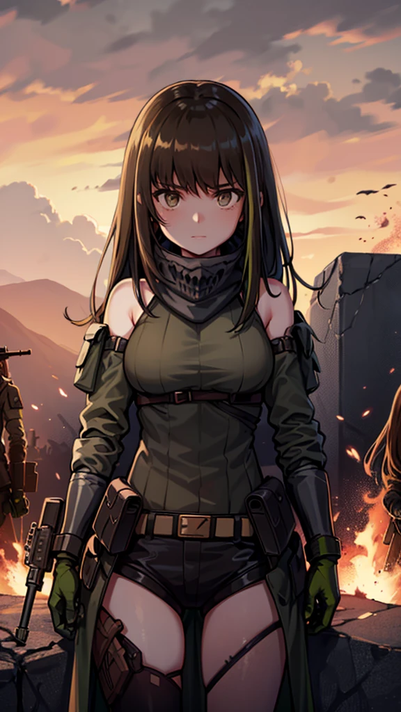 M4A1 (Girls' Frontline), ((1girl)), (masterpiece, high quality, compelling illustration:1.3), (girl standing in a scorched battlefield:1.2), (stern expression conveying determination:1.2), (devastation and chaos in the background:1.2), (charred earth and smoky atmosphere adding intensity:1.2), (wind blowing her hair and clothes for dynamic effect:1.1), (emphasizing resilience in the face of adversity:1.2), (subtle hints of hope amidst destruction:1.1), (intense color palette to evoke the harsh environment:1.2), (capturing the strength and courage of the girl:1.2), (creating a powerful illustration of survival and defiance:1.3), (contrast between the girl's unwavering spirit and desolation around her:1.2), (immersing the audience in a scene of bravery and resolve on a scorched battlefield:1.2).