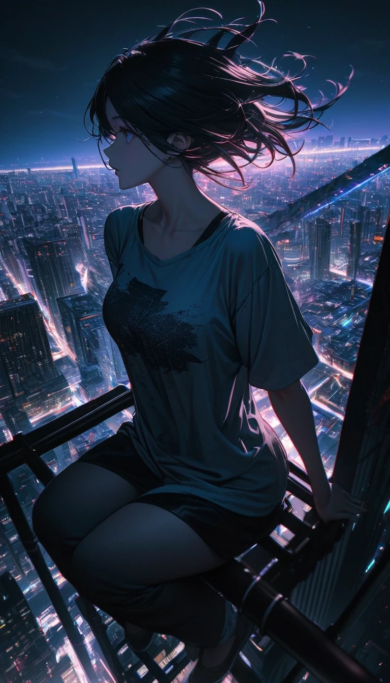 High resolution, Highest quality, high resolution, Super Fine, 16K, Unbelievably absurd, Very detailed, Beautiful woman sitting on a trapeze suspended between two skyscrapers, Gazing into the distance, Wear a loose, long T-shirt, Captivating look, Wind, Wind-effect, moonlit nightscape, (Nice views:1.1) , Clockpunk