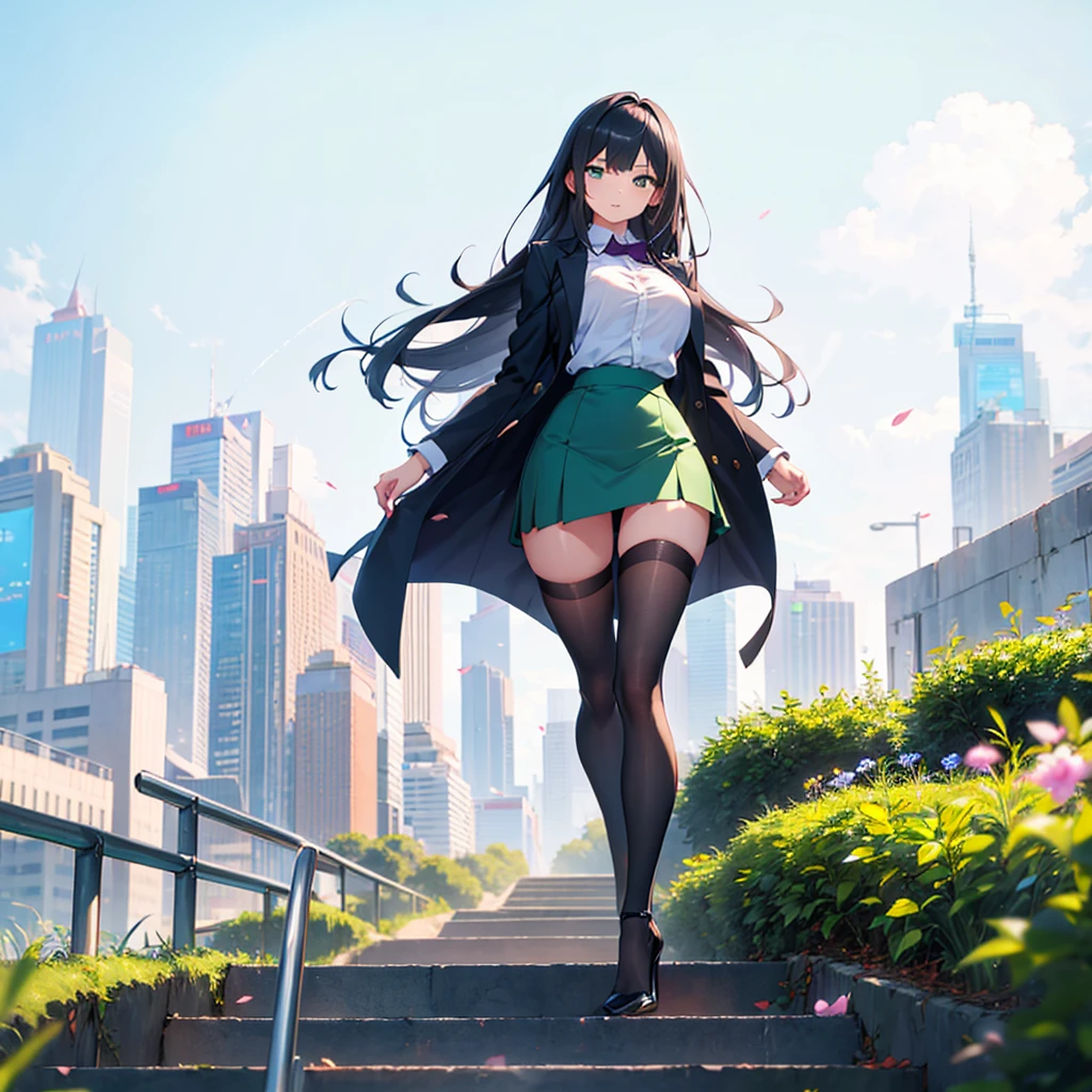 (solo), 1 skinny girl standing, short torso, skinny long legs, bursting huge breasts, inconceivably narrow waist, swaying back, arms behind back, BREAK, green blazer, green high-waist skirt, thigh gap, black thighhighs, stiletto heels