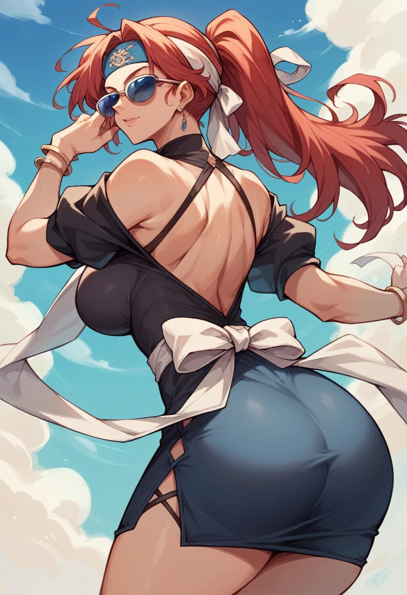 mature Woman,, blue eyes, Red Ponytail, short Black dress(Details with red, blue and white thread) ,sunglasses,big butt,headband blue, 90's anime style