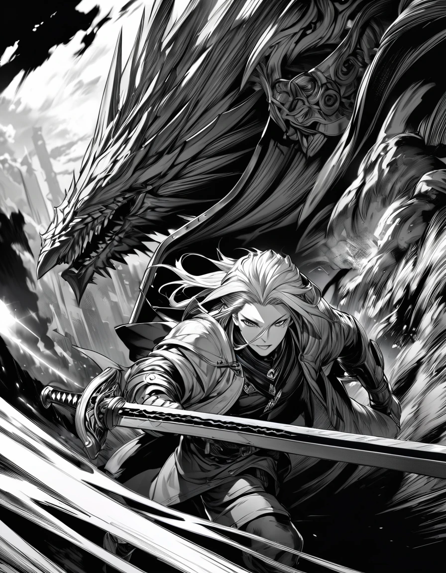 Ultra detailed, Highres, absurdres, HDR, Sephiroth,  silver hair, Final Fantasy VII Remake, 1 man only, manga, monochrome , lineart, realistic, sword, running, 