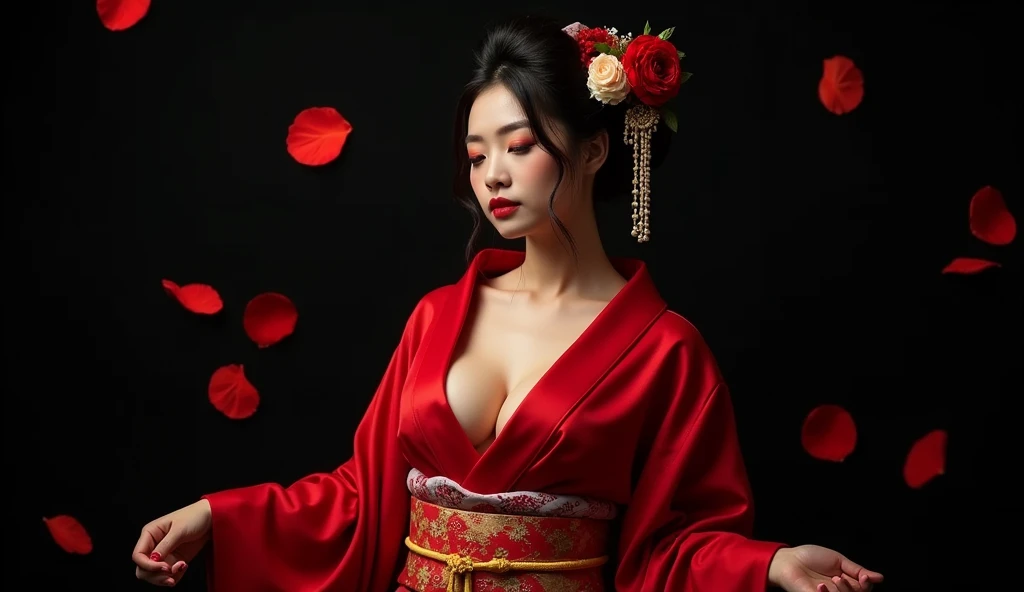 beautiful japanese woman with big breasts in revealing red kimono, autumn, on black background, red rose petals falling