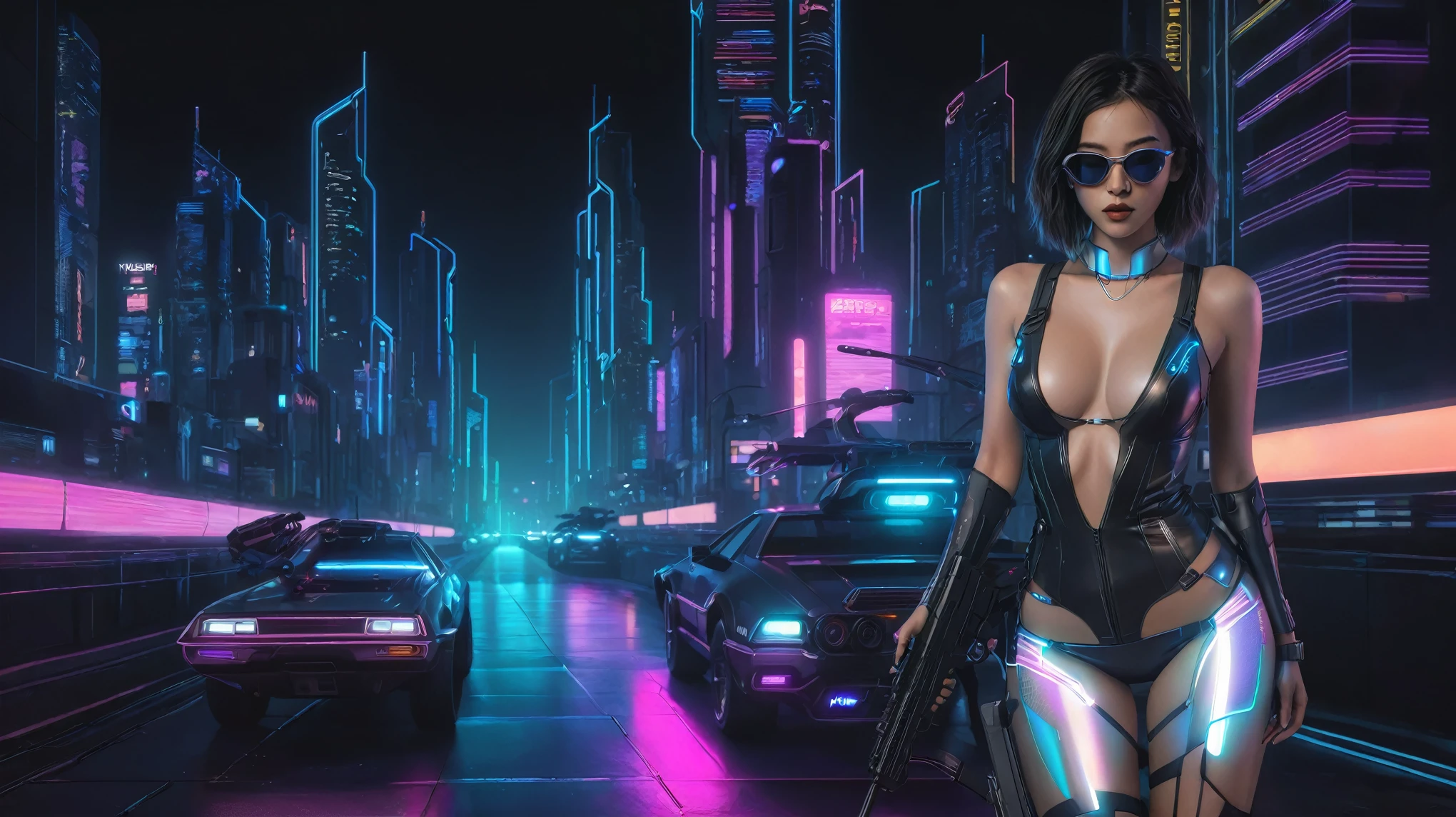 At night, simple outlined cyberpunk city, flying cars, line art background. (1girl, solo), photo realistic, medium-breast:1.3 slim body, cleavage, sling top, miniskirt, black sunglasses, holding a short gun, half-body thigh level medium shot, cinematic lighting, ray tracing.