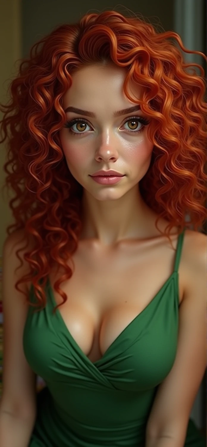 redhead woman + big, intense brown almond-shaped eyes + curly hair 3a and 3b  + tight green dress + Brazilian 