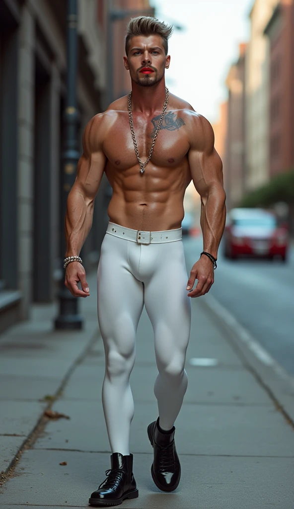 Fullbody standing picture of white skin Handsome  muscular nude sexy gay boy wearing skinny ripped shiny white vinyl tights, shiny black Disconnected Pompadour oiled hair style, goatee, blue eyes, shiny varnished vinyl shoes, red lip, chain, tattoos, horny, cum shot, sperm, milking penis, big penis, very big testicle, shiny oiled skin, orgasm, oversexed, standing at street.