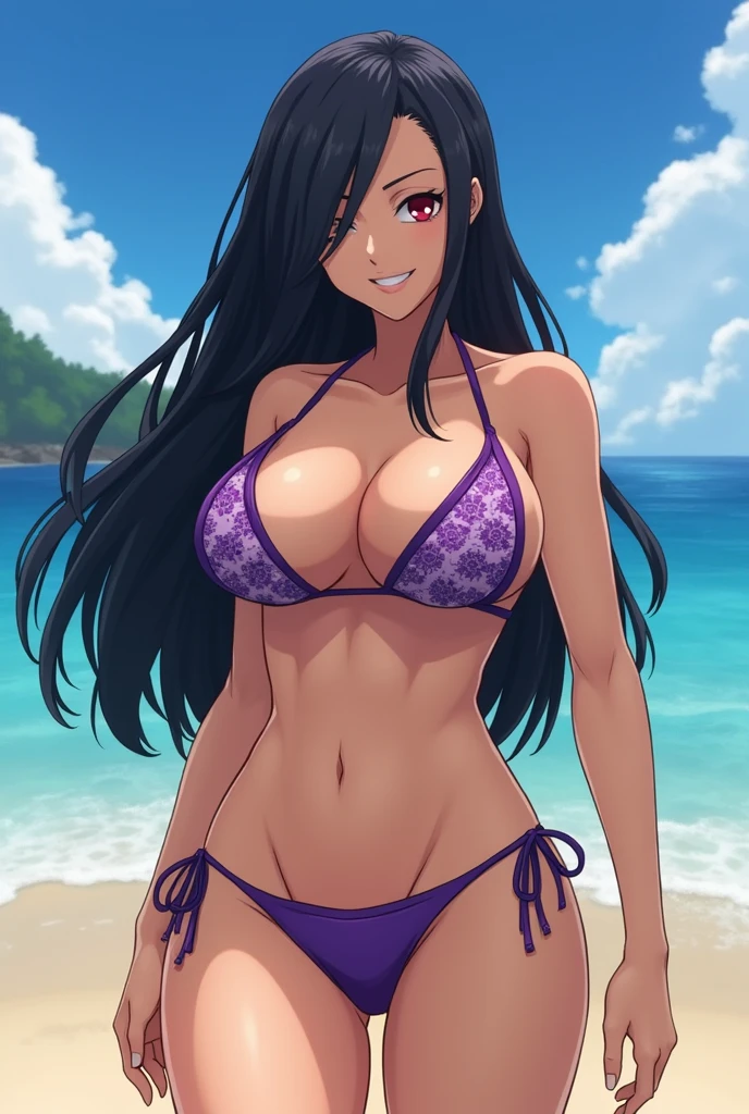Boa Hancock from One Piece but she has a really huge chest With bikini In dark purple and make her look more like Boa Hancock In the anime Giant chest Giant chest Giant chest And a red eye like a cat's eye and exciting She is wearing a bikini on the beach