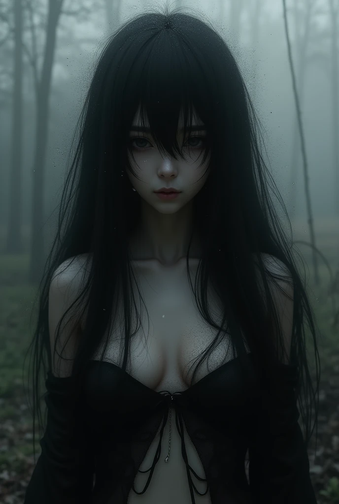 Hex Maniac \(Pokemon\), Hex Maniac from Pokémon, dark purple forest background, anime style, sitting on overgrown bench, big breasts, big ass, wide hips, eyes in shade, sharp stare at viewer,