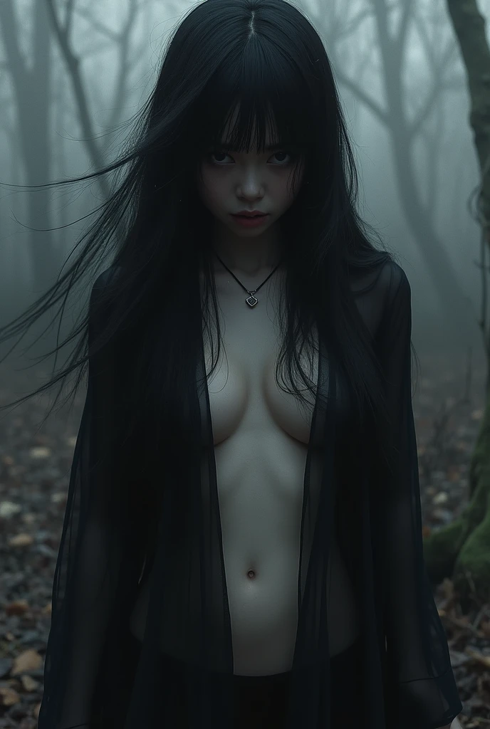 (((masterpiece))),((Highest quality)),Beautiful Japanese Girl,pale, (A character who embodies darkness: 1.5), (Her hair turns into a black mist that covers her entire body..:1.5)、(((Hair is a black particle:1.5)))、(belly button)、(A glimpse of white skin emerges from the black mist that envelops her body..:1.5),(Private Server), (Exposing Skin),(Background is wilderness 1.5).(((from the front:1.5)))、(Straight ahead: 1.5)、(((Lie:1.5)))