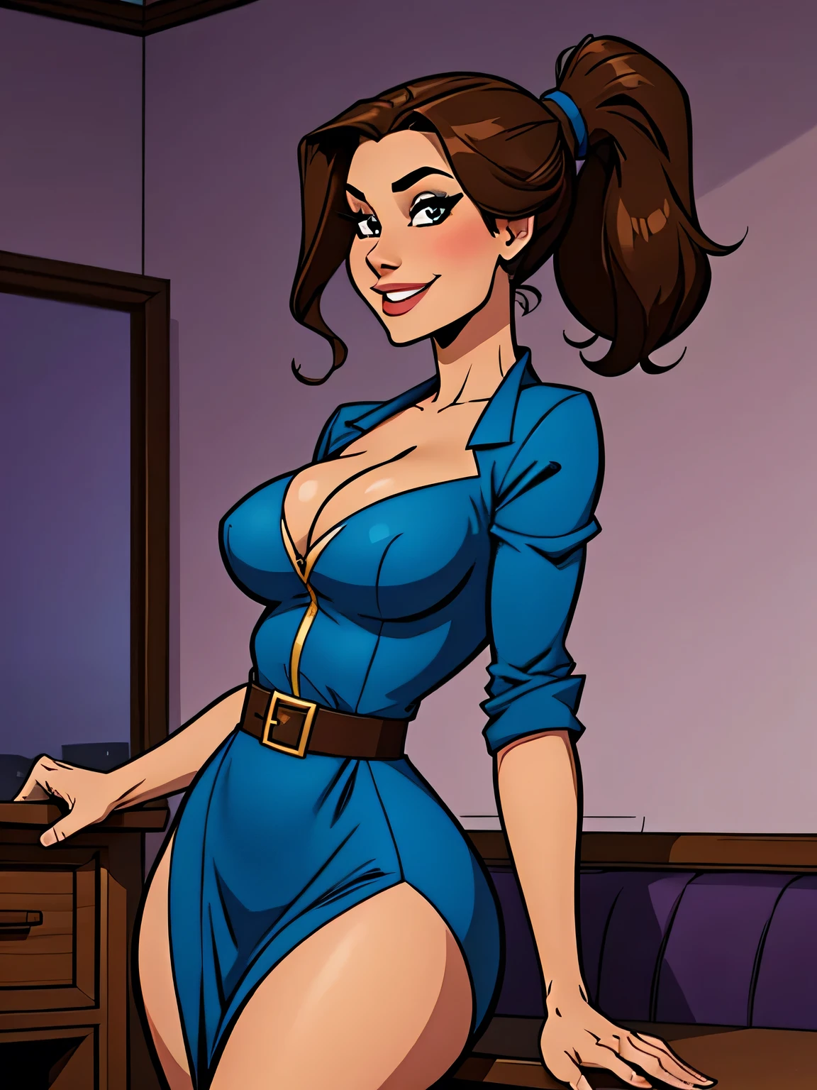 Thin woman, beautiful smiling, blue executive dress, brunette skin, brown hair with ponytail, eyes browns, busty. comic style.