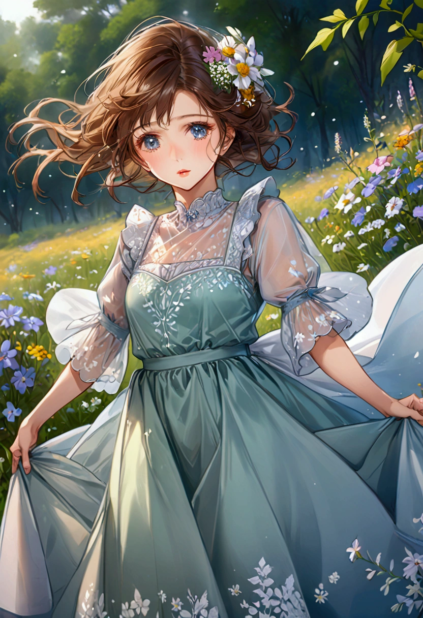 30 years,Super detailed,a beautiful girl, , playful and charming. The girl's dress is made of a delicate, fluid fabric that seems to dance in the breeze. The color is a soft pastel., reminiscent of the wildflowers that surround it. The bodice is tight, with intricate embroidery and rhinestones that catch the light. The skirt is wide and fluid., with layers of fabric that rustle gently when you move. The overall effect is one of timeless elegance and grace...