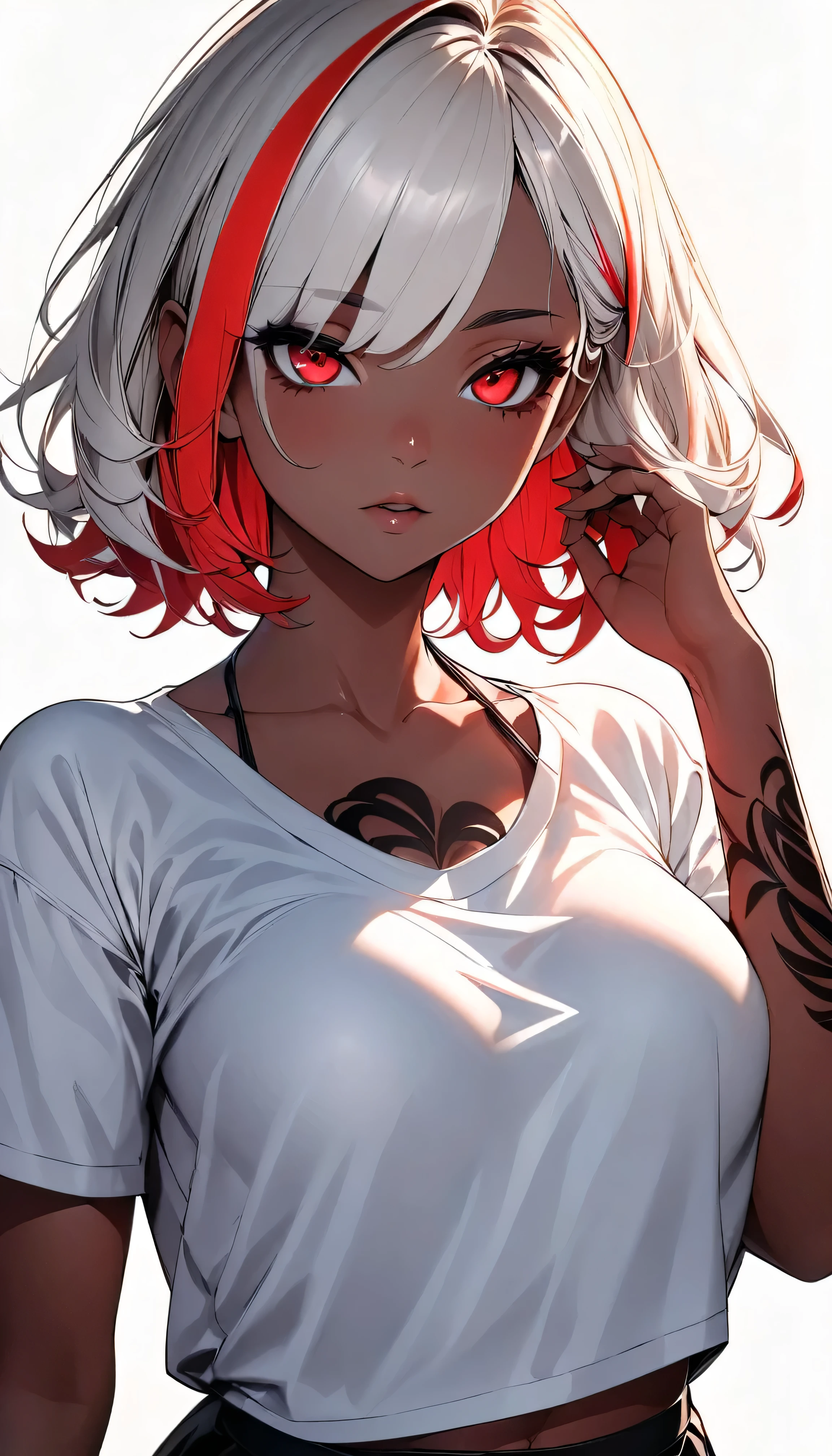 (highest quality:1.2, Very detailed, up to date, Vibrant, Ultra-high resolution, High Contrast, masterpiece:1.2, highest quality, Best aesthetics), Portraiture、girl, (solo), singer、Rock Music、medium wave hair、(red hair and white hair:1.3), ((streaked hair:1.6)), highlights hair: 1.5, red eyes, slim body, medium breast, (tan skin:1.1), shaded face, Bright colors、Beautiful fine details、Beautiful lip detail、Edgy Style、(black Skirt-style-bikini:1.3)、loose fit, standing, (from front:1)、vocal, (Floral Fineline tattoo design on left arm:1), ((Plain white background:1.6)), lineart, ((monochrome:1.7)), (upper body:1.5), clean line drawings,