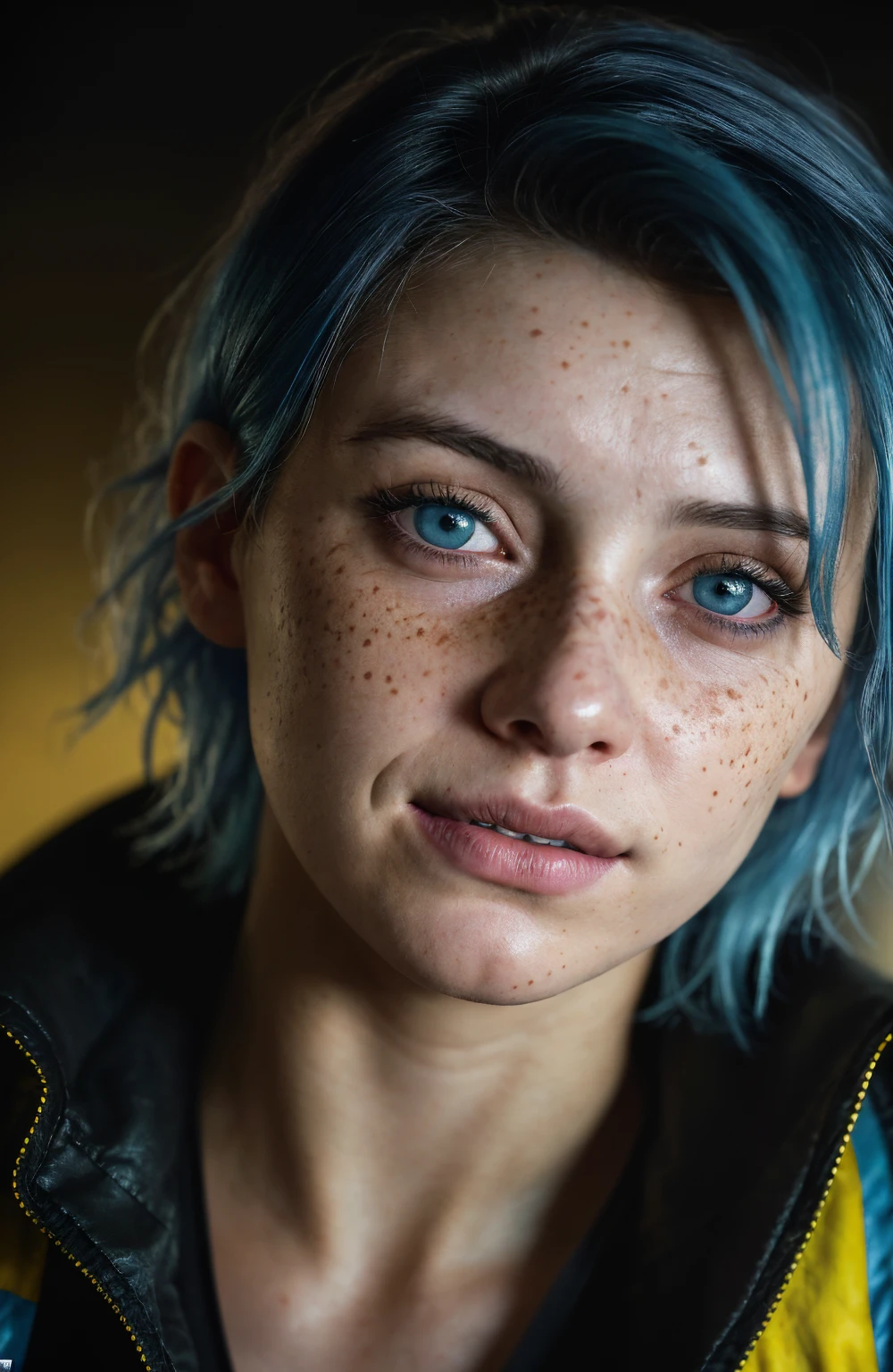 (close-up, editorial photograph of a 21 year old woman), (highly detailed face:1.4) (smile:0.7) (background inside dark, moody, private study:1.3) POV, by lee jeffries, nikon d850, film stock photograph ,4 kodak portra 400 ,camera f1.6 lens ,rich colors, hyper realistic ,lifelike texture, dramatic lighting , cinestill 800, wavy hair, messy hair, short hair, Mischievous smirk, Blue hair, Blue eyes, freckles, white skin, black shirt, yellow jacket from cyberpunk 2077, european woman, european skin, european expression, Athletic, masterpiece, Astral Plane