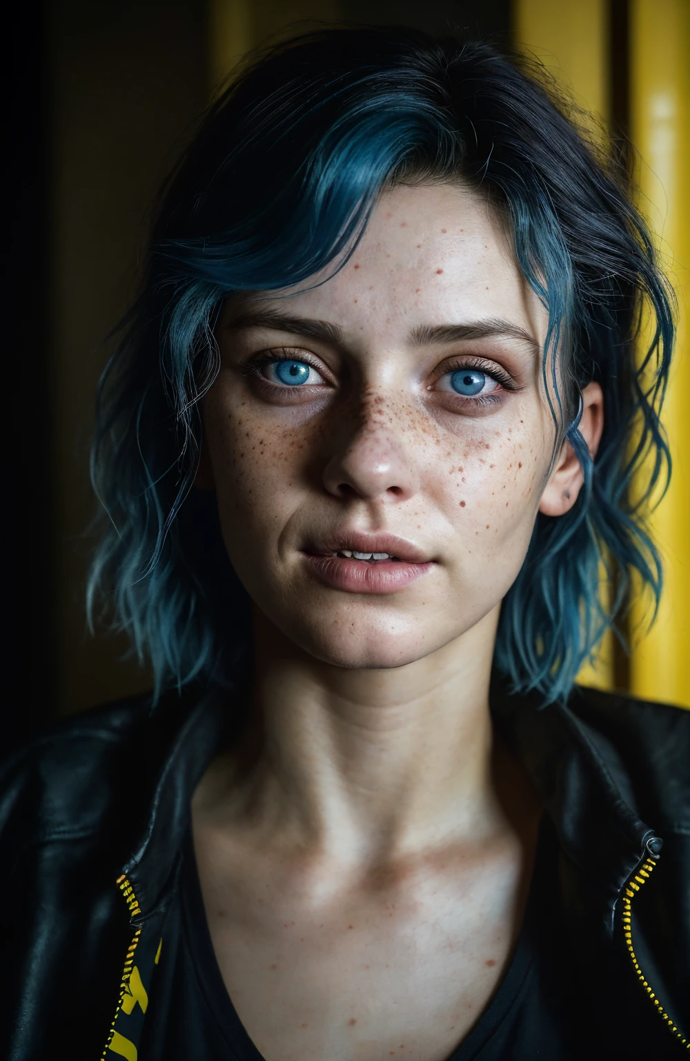 (close-up, editorial photograph of a 21 year old woman), (highly detailed face:1.4) (smile:0.7) (background inside dark, moody, private study:1.3) POV, by lee jeffries, nikon d850, film stock photograph ,4 kodak portra 400 ,camera f1.6 lens ,rich colors, hyper realistic ,lifelike texture, dramatic lighting , cinestill 800, wavy hair, messy hair, short hair, Mischievous smirk, Blue hair, Blue eyes, freckles, white skin, black shirt, yellow jacket from cyberpunk 2077, european woman, european skin, european expression, Athletic, masterpiece, Astral Plane