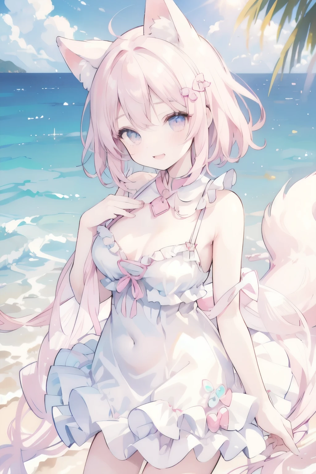 (Exquisite, beautiful, Very detailed, masterpiece, high quality,High resolution),(Soft and thin lines: 1.2, Beautiful and delicate face), (Fluffy fox ears,Fluffy tail,Beastly eyes,Small Mouth,High nose,小さなSharp Fangs),(((Big Breasts:1.8,A pose that emphasizes the chest))),(Revealing swimsuit:1.2,Race,Frills),She is fidgety and embarrassed,Laughing happily ,((Ocean:1.2,Sandy Beach,sunny,Cumulonimbus,Light of the sun,)),(Fluffy wavy bob hair,White skin and short eyebrows,Pale pink cheeks,Very small nose and mouth,Sharp Fangs,Plump pink lips,beautiful獣'Eyes,Quite large and fluffy bust,Plump thighs,),Bright colors that stand out,Colored pencil art,Floating Hearts,