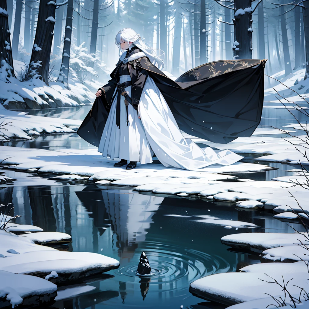 On the bank of a winding river, where the murmur of the water intertwines with the whisper of the wind, There lies a boy of extraordinary appearance. Her hair, of a pure white like snow, shines in the dim light of dawn, creating a fascinating contrast with the darkness of her clothing. Dress completely in black, an outfit that seems to absorb the light around it, as if in tune with the shadows of the past.