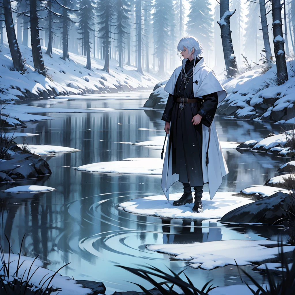 On the bank of a winding river, where the murmur of the water intertwines with the whisper of the wind, There lies a boy of extraordinary appearance. Her hair, of a pure white like snow, shines in the dim light of dawn, creating a fascinating contrast with the darkness of her clothing. Dress completely in black, an outfit that seems to absorb the light around it, as if in tune with the shadows of the past.