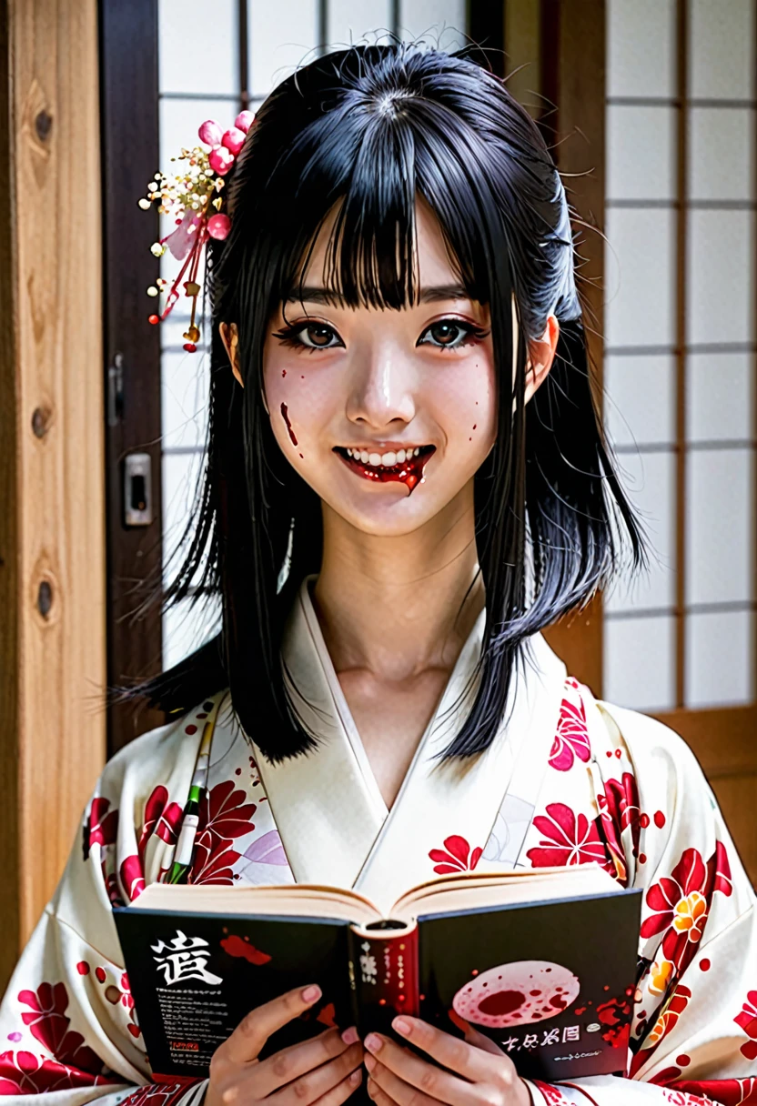 15 year old Japanese girl，Black hair and dark eyes，In kimono、Shortcuts、I have a book、Covered in blood, Cute face girl, smile, Bleeding eyes, Bleeding from the nose or mouth, 邪悪なsmile