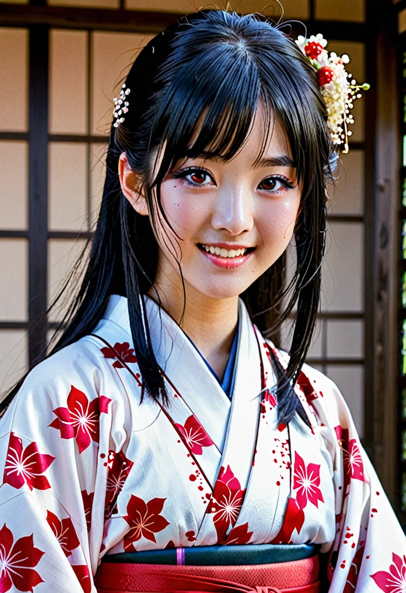 15 year old Japanese girl,Black hair and dark eyes,In kimono、Shortcuts、I have a book、Covered in blood, Cute face girl, smile, Bleeding eyes, Bleeding from the nose or mouth, 邪悪なsmile