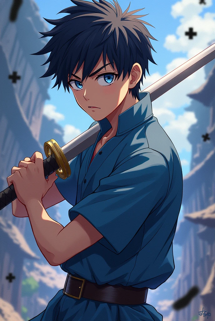 Anime boy with short black hair, young blue eyed male with sword