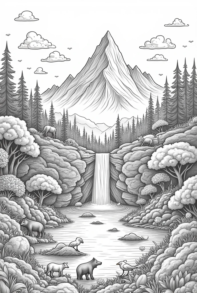 Draw a picture that has the four subsystems of earth. With mountain,emphasized waterfalls,large lake,wild boars, small bears and big bears,birds, plants, trees, skies, clouds,fishes. Make it black and white so that it could be easily traced