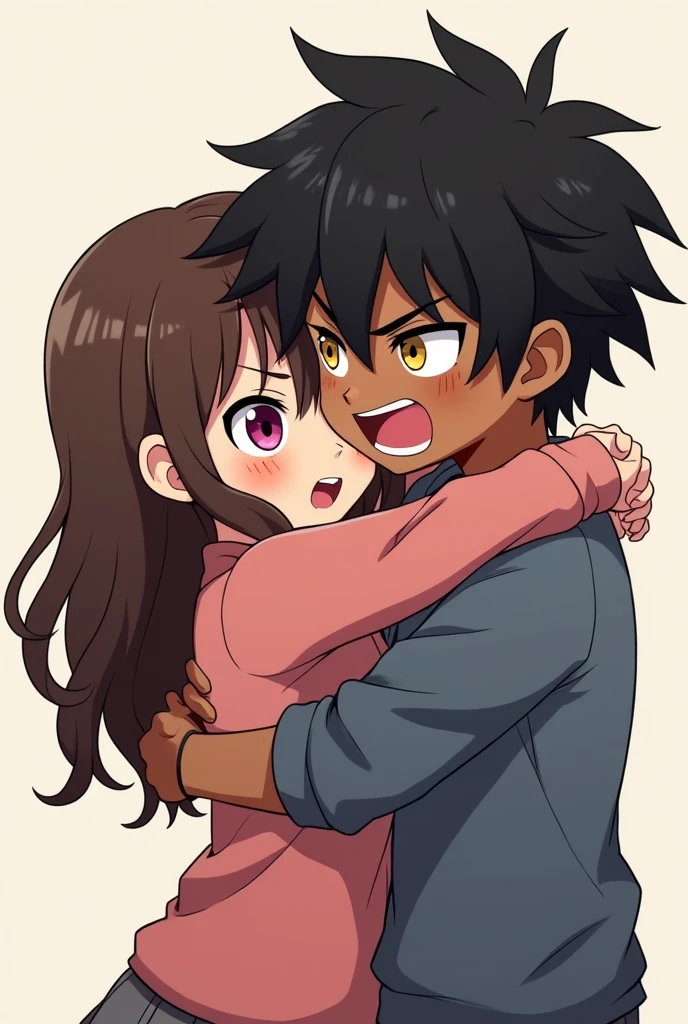 19 year old teenage girl with fuchsia eyes and long brown hair naughty hugging a 17 year old teenage boy with dark skin and long messy black hair and yellow eyes that the boy is angry with the hug and the girl has fun and laughs and that the drawing style is anime chibi
