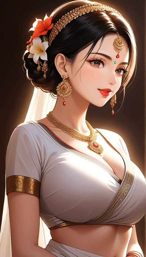 (1woman, mature, single hair braid, Multicolor silk saree, big long jhumka earrings, detailed alluring eyes, smooth detailed lips, beautiful face, smiling, red lipstick, navel, bangles, blue ribbon, saggy breasts, photorealistic, 8k, ultra-detailed, intricate, high quality, professional, masterpiece, hyper realistic, dramatic lighting, warm color tones, cinematic composition, volumetric lighting, chiaroscuro, vibrant colors, atmospheric, depth of field)