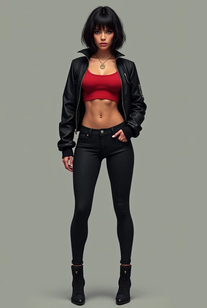 Michelle rodriguez with bob cut hair full body view until leg at age 44,wearing short jeans and black elephant skin jacket with zip until chest,thight red crop top inside,long shoes
