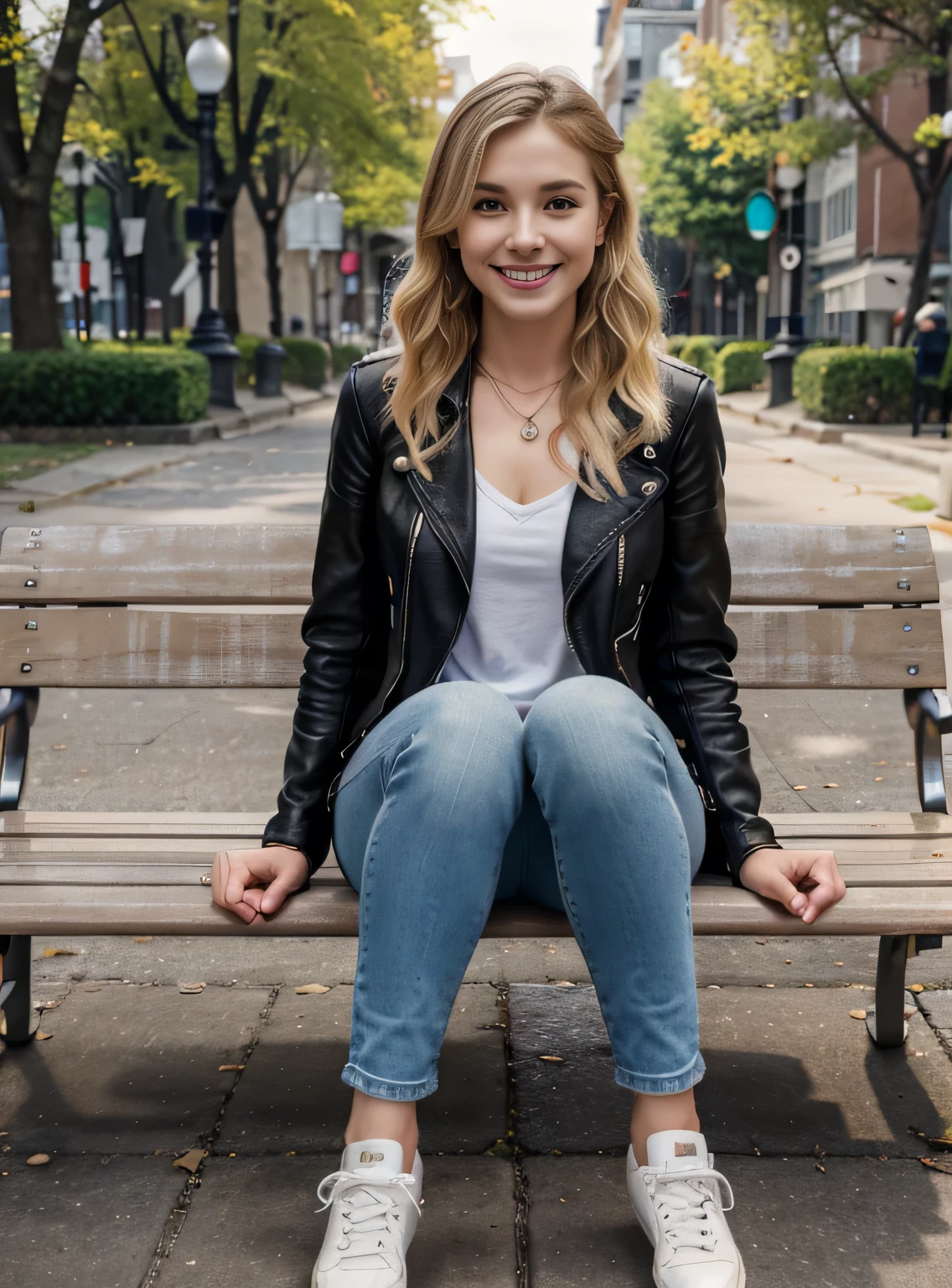 High resolution, 8k wallpaper, Beautiful Caucasian Woman、Full body photo、,Leather jacket、 sitting on a park bench、shirt、Skinny jeans、sneakers、、Necklace around the neck、 Blonde、Short Haircut、Wavy Hair、ear piercing、smile、Beautiful teeth alignment、