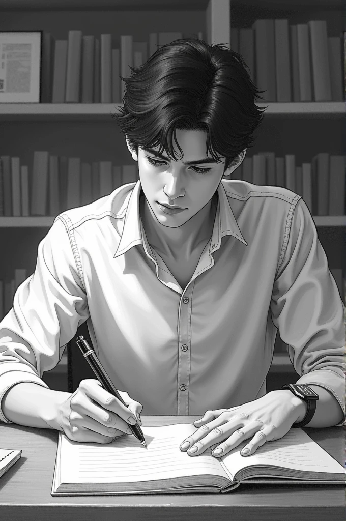 Drawing of a male student sitting and writing a paper, top seven-thirds