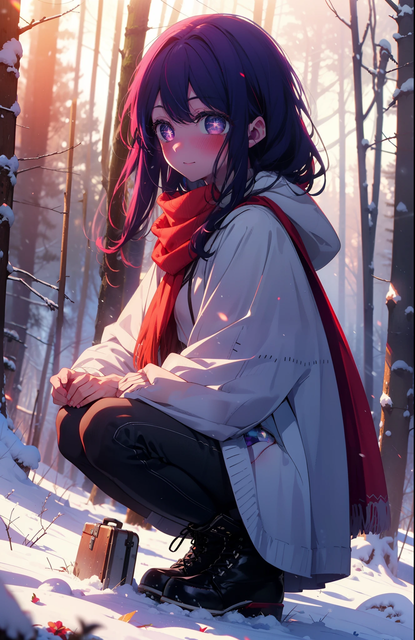 aihoshino, Ai Hoshino, Long Hair, bangs, (Purple eyes:1.1), Purple Hair, (Symbol-shaped pupil:1.5), smile,,smile,blush,white breath,
Open your mouth,snow,Ground bonfire, Outdoor, boots, snowing, From the side, wood, suitcase, Cape, Blurred, , forest, White handbag, nature,  Squat, Mouth closed, Cape, winter, Written boundary depth, Black shoes, red Cape break looking at viewer, Upper Body, whole body, break Outdoor, forest, nature, break (masterpiece:1.2), Highest quality, High resolution, unity 8k wallpaper, (shape:0.8), (Beautiful and beautiful eyes:1.6), Highly detailed face, Perfect lighting, Highly detailed CG, (Perfect hands, Perfect Anatomy),