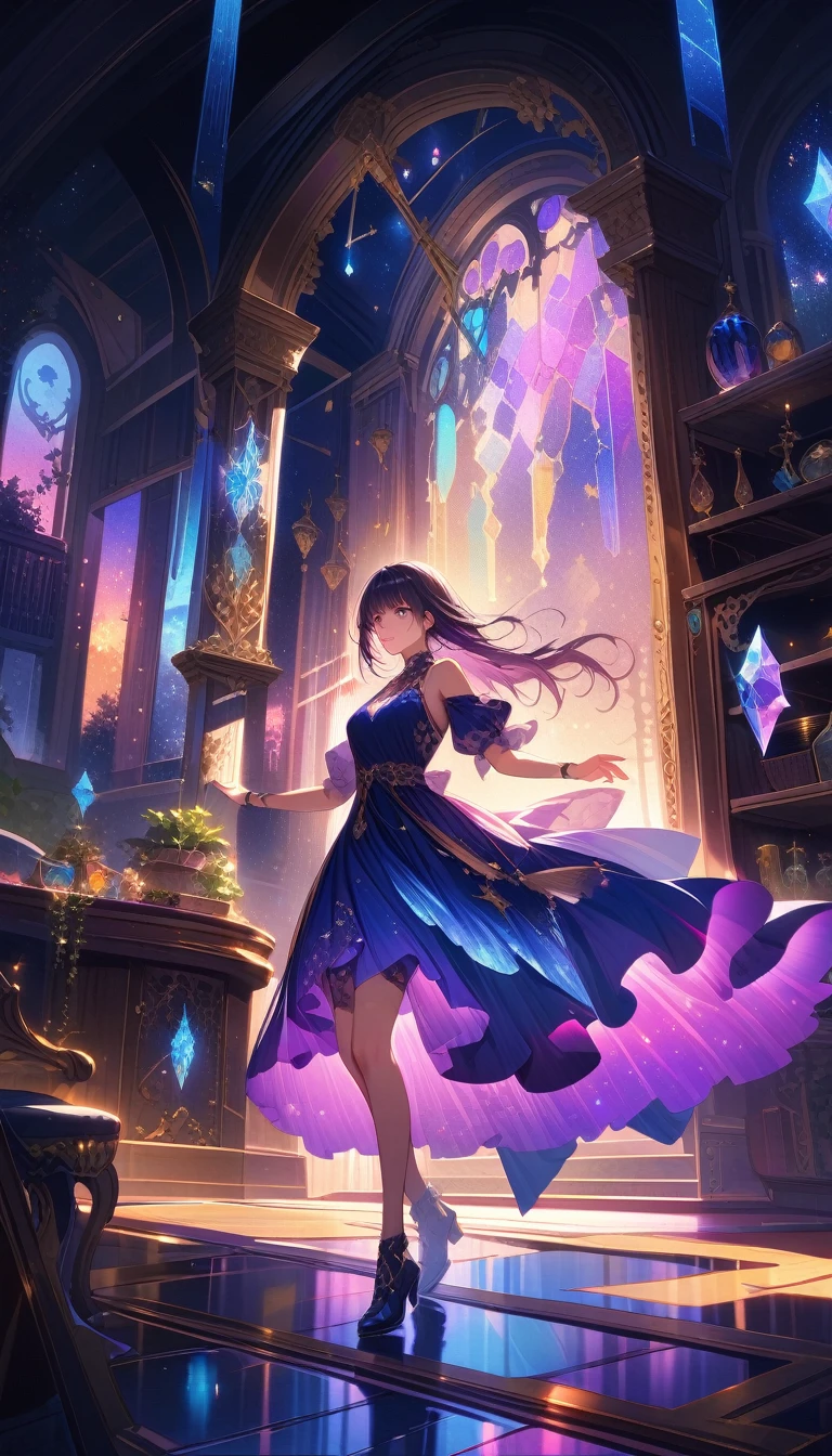 A girl is dancing acrobatically in the starry sky, surrounded by constellations, on black background, white stars and lines forming constellations around her silhouette, light art installation style, high resolution, dreamy effect, fantastic scenery, minimalist design. --ar 3:4 --niji 6, A vibrant, detailed digital painting of an enchanted room filled with magical blue and purple crystal objects, tarot cards, amulets, runes on the walls, shelves, tables, couches, windows, magical artifacts like glowing crystals, ornate wooden furniture. The color scheme is vivid and striking, creating a dreamy atmosphere. colorful illustrations, highly detailed, high resolution, natural lighting, sharp focus, highly detailed illustration, high definition, in the style of octane rendering, hyper realistic. --ar 3:4 --niji 6,