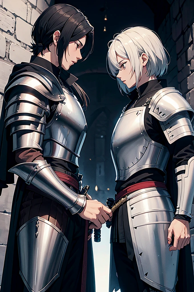 2 knights drawing their swords in a duel, one in white armor and the other in black armor