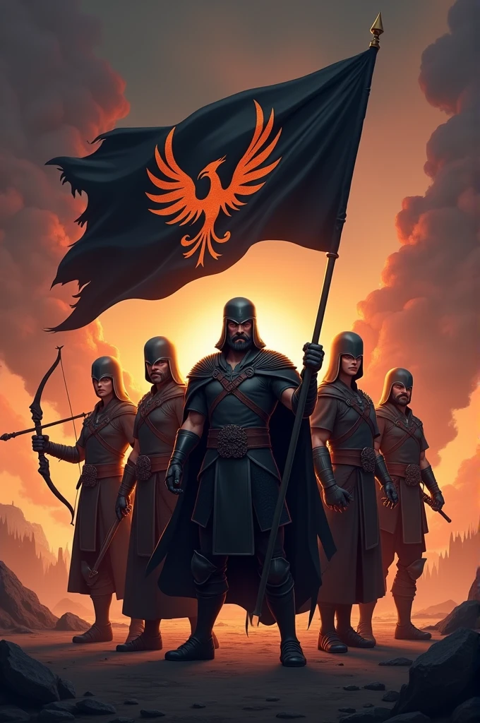 Help me create an image in which the characters of Clash of Clans appear as if they belong to a clan called Phoenix, The characters' clothing must be all black and the flag must also be all black.