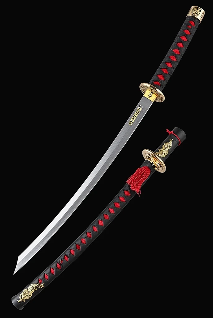 Katana Description:

The katana has an overall length of approximately 105 cm (41 inches) from the tip of the blade to the end of the handle.

Handle (wash):

The tsuka is about 30 cm (12 inches) long, wrapped in black leather with red diamond-shaped patterns interwoven.
At the end of the handle, there is a red tassel attached to a small golden cap with intricate engravings.
The fuchi (collar) and kashira (pommel) are decorated with gold accents and intricate designs, contributing to a sense of elegance and power.
The handle is ergonomic, providing a comfortable grip that feels natural in the hand.
guard (smoke):

The tsuba is circular, made of blackened steel, and decorated with a golden dragon coiled around the edge. The dragon's scales and claws are detailed, giving it a lifelike appearance.
The tsuba has a sturdy feel, balancing the blade perfectly, and is slightly thicker near the blade to enhance protection.
Blade (Ha):

The blade is 75 cm (29.5 inches) long, with a sleek, slightly curved design typical of a traditional katana.
The steel of the blade is polished to a mirror finish, with a prominent hamon (temper line) that glows faintly, indicating the blade’s superior craftsmanship.
Near the base of the blade, just above the tsuba, there is a small, subtle engraving of the kanji characters for "Reiko&#39;s Battle" (Spirit Blade), meaning "Blade of the Soul."
The blade tapers to a razor-sharp point, capable of cutting through the toughest materials with ease.
dial (on the Blade):

Just above the tsuba, embedded within the blade, there is a small circular dial with 12 numbers inscribed around it.
The dial is set on 11, which is highlighted with a skull symbol. This feature is unique to this katana, giving it a mystical aura.
Scabbard (me):

The saya is black lacquered with red accents and golden dragon designs running along its length, matching the dragon on the tsuba.
The mouth of the saya (koiguchi) is reinforced with gold plating, ensuring that the blade can be draw