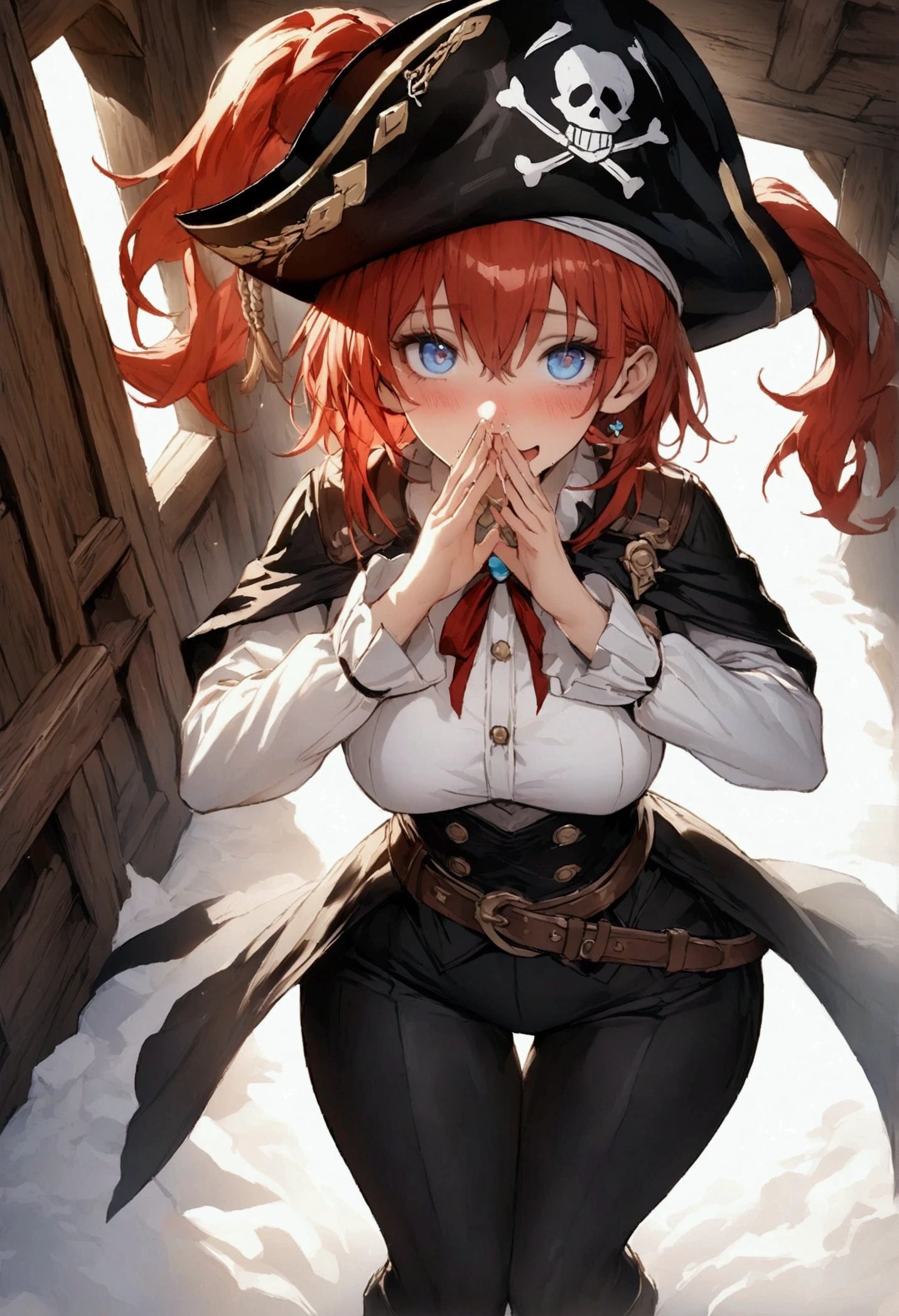 (Masterpiece. The best quality. 8K. Sharp focus. Depth of field, The best shadows. Perfect lighting. HDR. Realistic skin texture. Ultra-detailed background. Detailing). Anime style. Honkai: Star Rail. March 7. 1 girl. Fiery red hair, short hair. Azure blue eyes, beautiful eyes, beautiful eyes, expressive eyes. Beautiful nose, perfect facial features. Perfect anatomical body, slender figure, second size breasts, beautiful breasts, thin waist, rounded hips, beautiful long legs. Pirate hat, white blouse, pirate pants, Uniform cloak, shoulder straps with the Jolly Roger, knee-high boots, wide belt at the waist. Cold, runny nose, snot, nasal mucus, wants to sneeze, needs to sneeze, half-open mouth, is going to sneeze, she sneezes, sneezes covering her nose with her hands, sneezes into her palms. Light blush, embarrassment. Legs shoulder-width apart. Standing in the captain's cabin. Standing at full height. Concept art. Looking at the viewer. Full height. Full body.