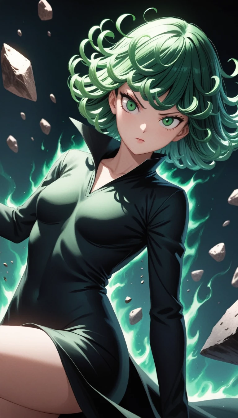 (work of art, best qualityer, very aesthetic, ultra detaild), details Intricate,
1 girl, tatsumaki, One punch man, black clothing, Aura, floating, floating rock, telekinesis, cinematic angle