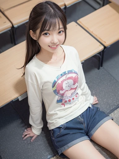 Japanese female, (underweight), (flat chest best quality:1.5), 30 years old, (cheerful grin:1.5),
kindergarten, (daycare worker), delightful, sitting, semi long, (long-sleeved t-shirt), (cargo shorts), Japanese, inside the kindergarten, full body shot, ground-level shot