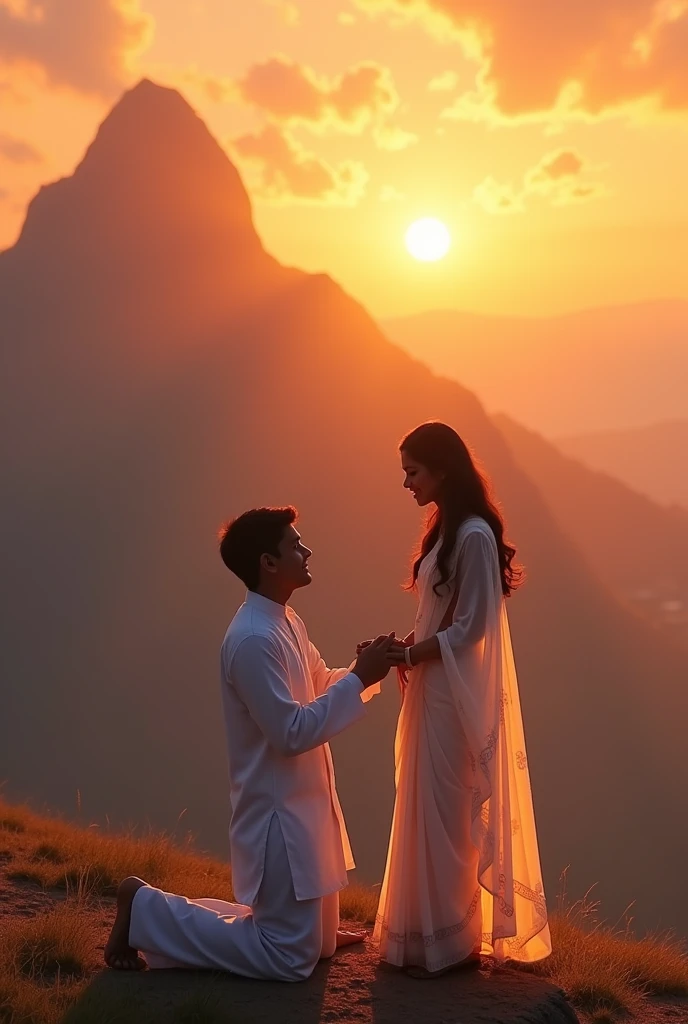 A teenage Indian boy wearing a white dress proposing a teenage girl wearing a white saree at the end of the mountain with a background of beautiful sunset