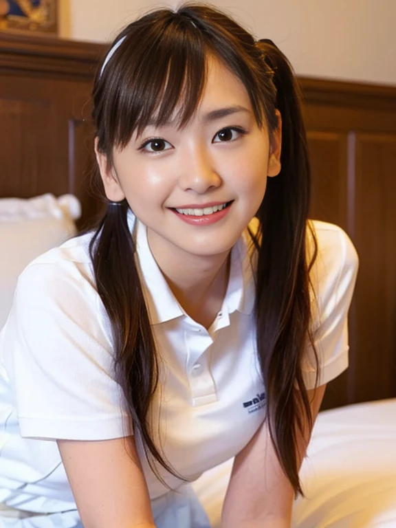 (Masterpiece, Best quality: 1.4), (Ultra realistic, Photo-realistic: 1.2), Full body, (kneeling: 1.3), Looking at viewer, Natural light, 25 years old actress, Japanese women, (arms behind back: 1.2), Neat and clean, (White sexy tennis uniform, White short-sleeve polo shirt with darknavy line collar:1.2), (unbutton:1.3), (White tennis skirt:1.1), (Short ponytail: 1.2), Short wavy hair, Light brown hair color, (Beautiful Face), Oval face, clear, (Beautiful eyes, Kind eyes), (Clear skin), Small face, (Small mouth, Beautiful mouth), Natural makeup, Approachable, Luxury hotel Suite room, On bed, (nsfw:1.1), Seductive smile, Seductive pose, Beautiful thighs, Bedroom eyes,