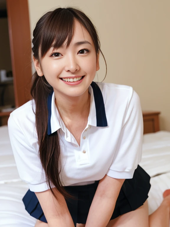 (Masterpiece, Best quality: 1.4), (Ultra realistic, Photo-realistic: 1.2), Full body, (kneeling: 1.3), Looking at viewer, Natural light, 25 years old actress, Japanese women, (arms behind back: 1.2), Neat and clean, (White sexy tennis uniform, White short-sleeve polo shirt with darknavy line collar:1.2), (unbutton:1.3), (White tennis skirt:1.1), (Short ponytail: 1.2), Short wavy hair, Light brown hair color, (Beautiful Face), Oval face, clear, (Beautiful eyes, Kind eyes), (Clear skin), Small face, (Small mouth, Beautiful mouth), Natural makeup, Approachable, Luxury hotel Suite room, On bed, (nsfw:1.1), Seductive smile, Seductive pose, Beautiful thighs, Bedroom eyes,