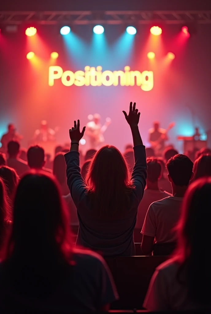 young Christians worshiping God, in a church where there is a stage and above the stage it says: Positioning. the place is beautiful and cozy.