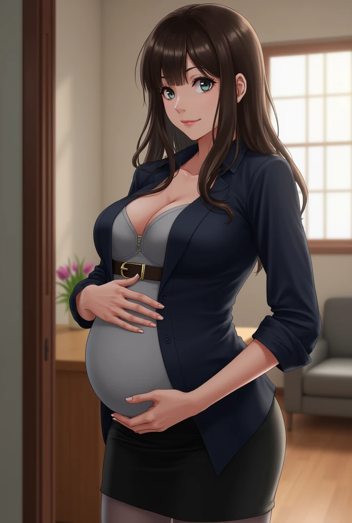 1girl, 25yo sofia takigawa_jav, breasts, eyelashes, looking at viewer, cowboy shot, standing, dynamite lighting, attractive body, wearing office attire, navy blue blouse, light gray singlet, belt, black pencil skirt, sheer gray pantyhose, brown knee heel boots, baby bump, she felt her water broke, she can feel the baby's head starting to crown.
(ulzzang-6500:0.0), (ultimate quality, masterpiece, highres:1.0), (photorealistic, realistic:1.9), nice hands,