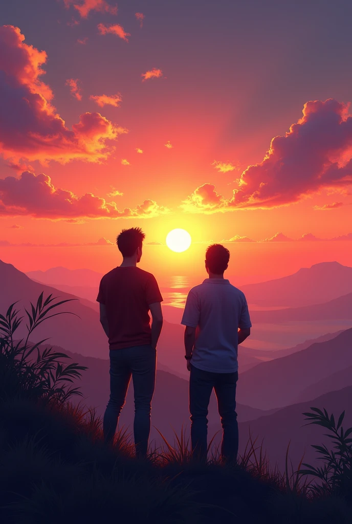 Create an image of two men watching a sunset from behind