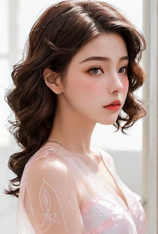 ((jewel_light element)), (Translucent luminous body_Wearing a pink and white frilly blouse), (girl made of light: 1.2, Long wavy hairstyle with delicate features and shine: 1.3), (minimalism: 0.5), (Front view close-up angle: 1.3), 4K, HDR, acid graphics, fantasy work, [Detailed and vivid face: 0.33], (White and translucent body and hair: 1.3), Beautiful woman shining with silhouette outline, Revealing understated elegance ... A calm and dignified atmosphere provides a subtle sense of luxury.........  stylish pose, fluorescent lamp, Glowing tattoo, bioluminescent tattoo, And the shining pattern.