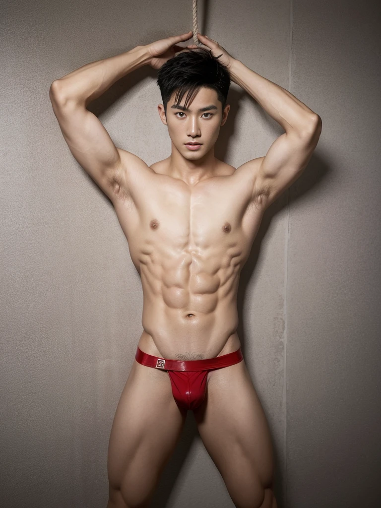 Chinese male actor in a micro thongs, handsome Chinese guy, handsome man, Full Body Shoot, photoshoot, portrait, look at camera, detailed facial parts, lifted arms, Manly, Charmer, Active Boy, standing, top tied up with rope, rope bondage, strangled with rope, harness, wrapped in leather straps, anguished expression, perfect anatomy, symmetric body, asian boy 30years old, shirtless :: high detail, asian, a little six packs attractive body, realistic, human skin, Short Hairstyle, handsome chad chin, shirtless, handsome, attractive, slightly muscular man, masculine, sexually attractive, human skin, (eyes contact), Handsome, Attractive, bulge in briefs, The crotch is raised