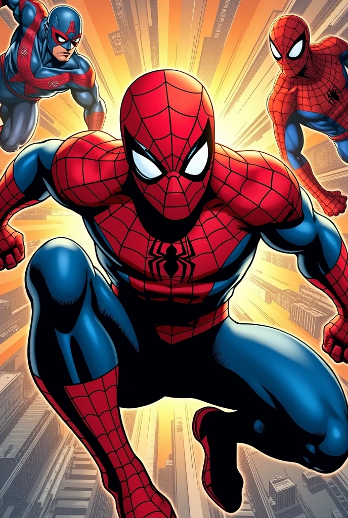 create a 50cm x 25cm vertical color image of the Marvel superhero illustration, highlighting Spider-Man, and in the background images of other Marvel superheroes as if the background were a comic book page.