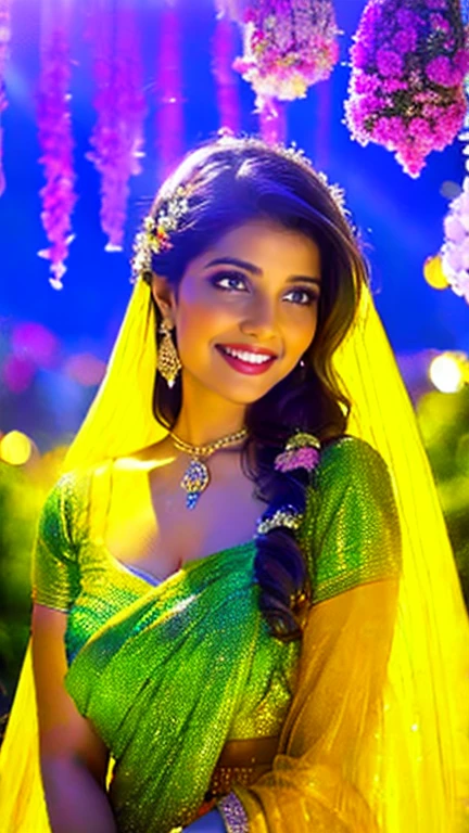 (a beautiful woman in a stunning saree of flowing silk with a radiant smile and captivating eyes),vibrant colors,highres,ultra-detailed,sharp focus,soft lighting,realistic,fantasy-inspired,portraits,subtle color palette,ethereal glow,fairytale,graceful,pastel shades,enchanted garden,lovely flowers,twinkling lights,whimsical ambiance