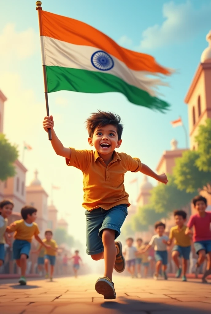 A boy running with a flag for Independence Day of india